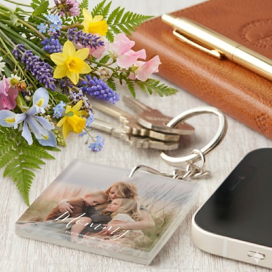 Moeder Stichtte Moderne Elegante Script Foto Sleutelhanger