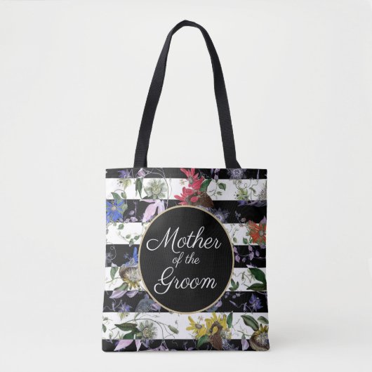 Moeder van de Groom Black White Stripes Flowers Draagtas (Voorkant)