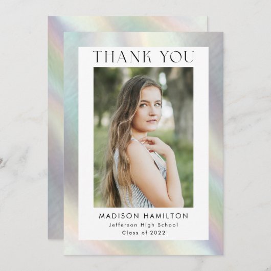 Moeder van Pearl Holographic Photo Afstuderen Bedankkaart (Voorkant / Achterkant)