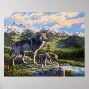 Moeder Wolf en Pups Mountain River Valley Poster