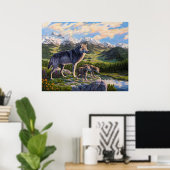 Moeder Wolf en Pups Mountain River Valley Poster (Thuiskantoor)