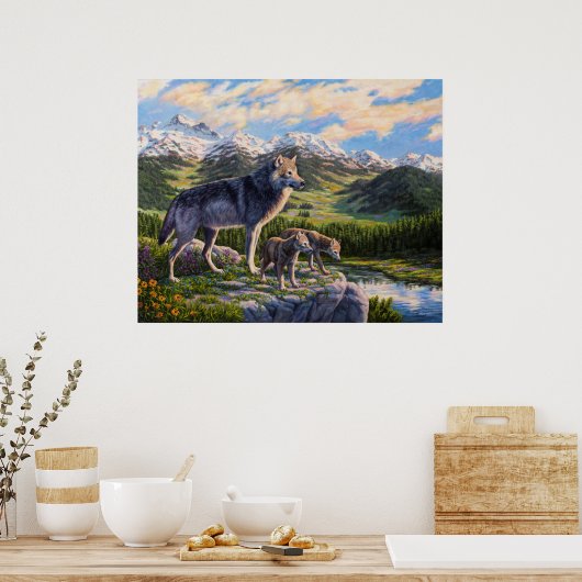 Moeder Wolf en Pups Mountain River Valley Poster (Keuken)