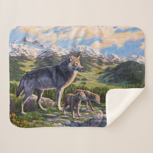 Moeder Wolf en Pups Mountain River Valley Sherpa Deken (Voorkant (horizontaal))