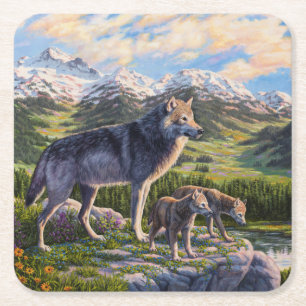 Moeder Wolf en Pups Mountain River Valley Vierkante Kartonnen Onderzetter