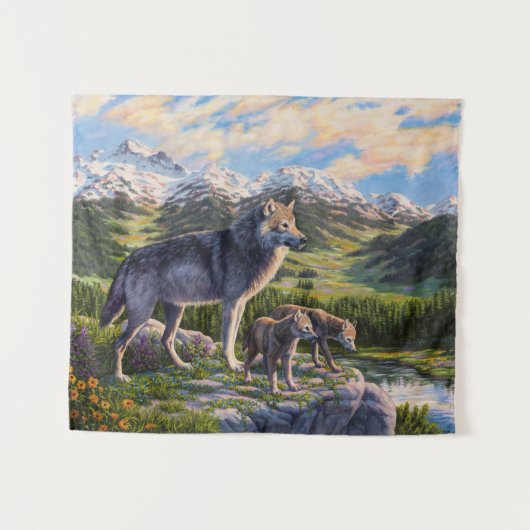 Moeder Wolf en Pups Mountain River Valley Wandkleed (Voorkant (horizontaal))