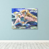 Moeder Zeemeermin en kind in blauw Canvas Afdruk (Insitu (Houten vloer))