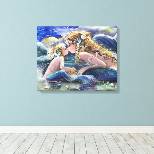 Moeder Zeemeermin en kind in blauw Canvas Afdruk (Insitu (Houten vloer))