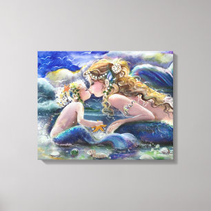 Moeder Zeemeermin en kind in Blauw Canvas Afdruk