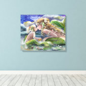 Moeder Zeemeermin en kind in Groen Canvas Afdruk (Insitu (Houten vloer))