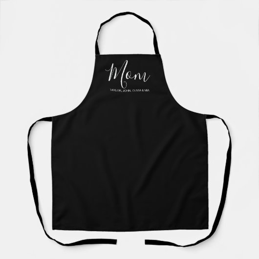 Moeder zwart modern custom script met kinder namen schort (Voorkant)