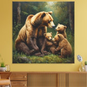 Moederbeer met welpen in een bosomgeving canvas afdruk (Insitu (Woonkamer))