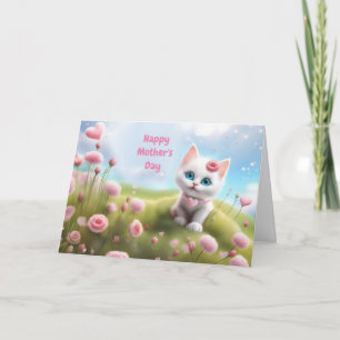 Moederdag Algemeen met knuffelwit katje Kaart