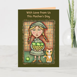 Moederdag Apple Girl & Cat Art Wenskaart Kaart