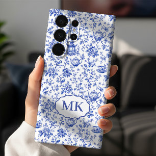Moederdag Blauwe Toile Monogram Bruidsinitiaal Samsung Galaxy Hoesje