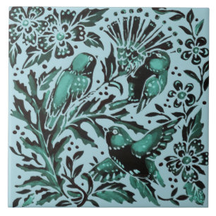 Moederdag Blauwgroen vogeltje en bloemen Aqua Gree Tegeltje