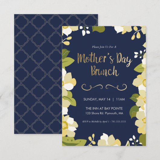 moederdag Brunch Invitation, Floral w/Gold Kaart (Voorkant / Achterkant)