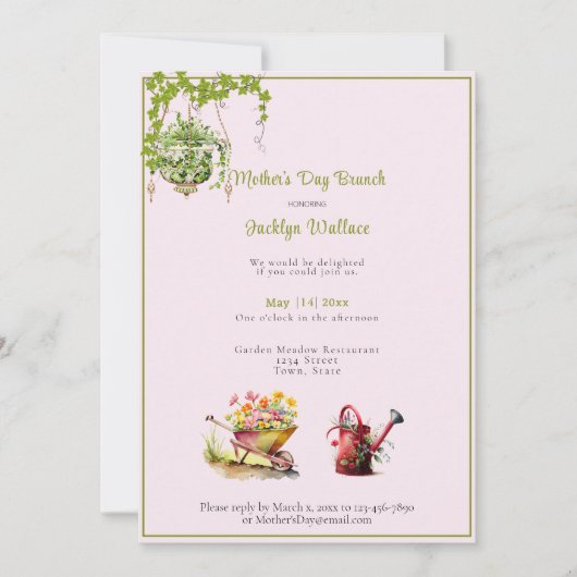 Moederdag Brunch Watering Can Wheelbarrow Flowe Kaart (Voorkant)