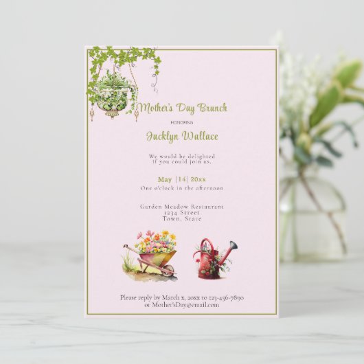 Moederdag Brunch Watering Can Wheelbarrow Flowe Kaart (Staand voorkant)