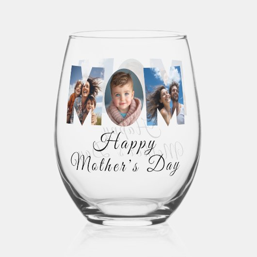 Moederdag Custom 3 Fotocollage Wijnglas Zonder Voet (Achterkant)