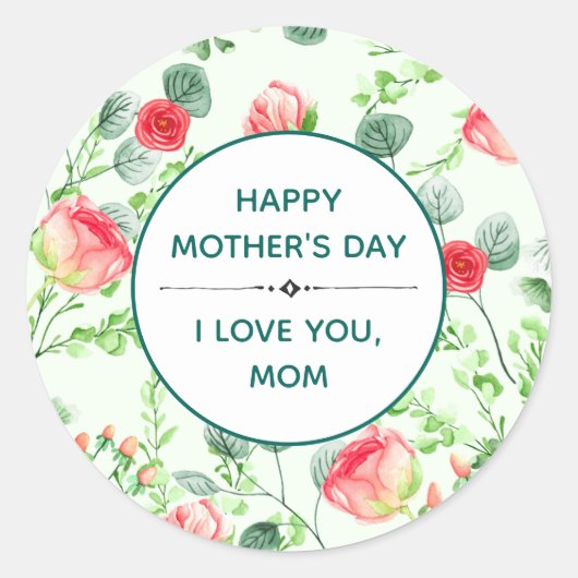Moederdag Delicate Roze Rozen en Blauwgroen blader Ronde Sticker (Voorkant)