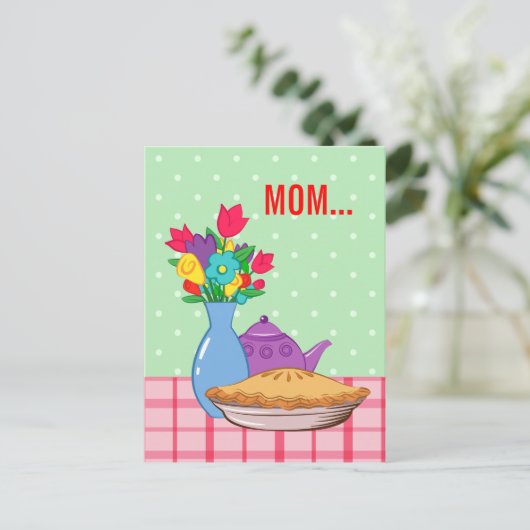 Moederdag design met bloem, taart en theepot briefkaart (Staand voorkant)