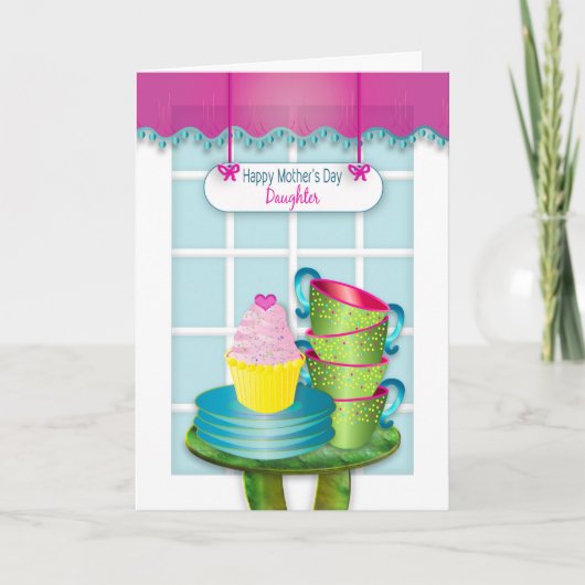 Moederdag, dochter, Raam en Cupcake en Cups Kaart (Voorkant)