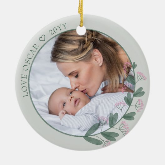 Moederdag Foto gemaakt met roze wilde bloem Keramisch Ornament (Achterkant)