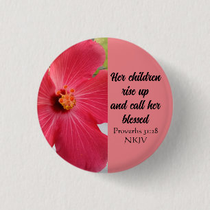 Moederdag Gezegend Bijbelvers Koraal Roze Bloem Ronde Button 3,2 Cm