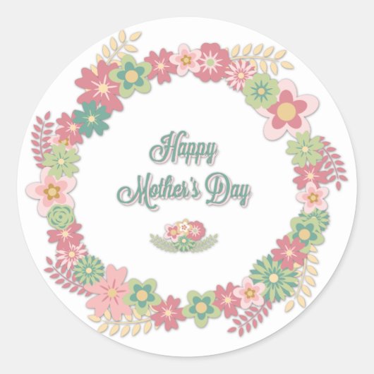 Moederdag-"Happy Moederdag" - Floral Wreath Ronde Sticker (Voorkant)