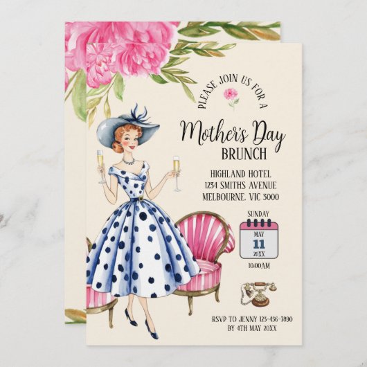 Moederdag Invitation - Lady Holding Champagnes Kaart (Voorkant / Achterkant)