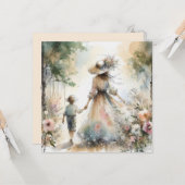 Moederdag kaart met bloementuin vrouw en kind (Voorkant / Achterkant in situ)