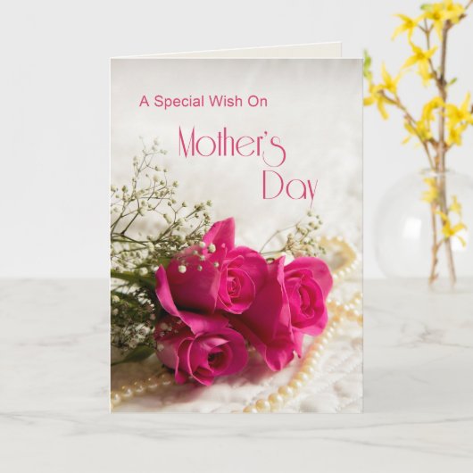 Moederdag kaart met drie roze rozen (Gele Bloem)