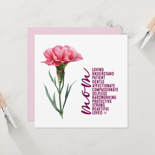 Moederdag kaart met roze anjer (Voorkant / Achterkant in situ)