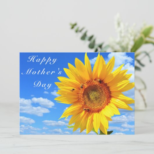 Moederdag Kaart met zonnebloem en bijen (Staand voorkant)