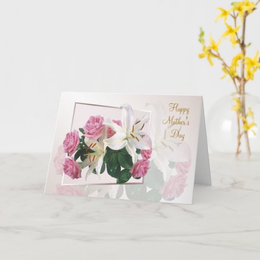 Moederdag kaart - Witte lelies en roze rozen (Gele Bloem)
