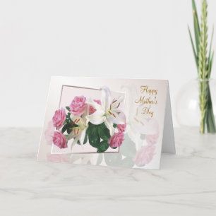 Moederdag kaart - Witte lelies en roze rozen