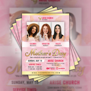 Moederdag Kerkdienst Roze Bloemen & Goud Flyer