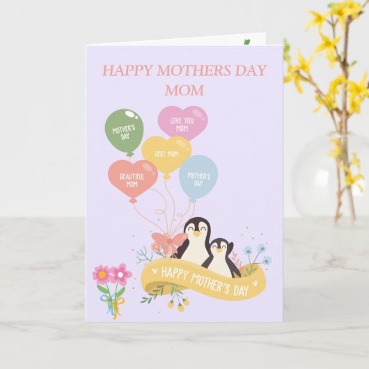 Moederdag met pinguïns kaart (Gele Bloem)