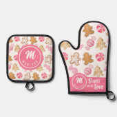Moederdag Monogram-Roze Sugarplum & Gingerbread Ovenwant & Pannenlap Set (Voorkant)