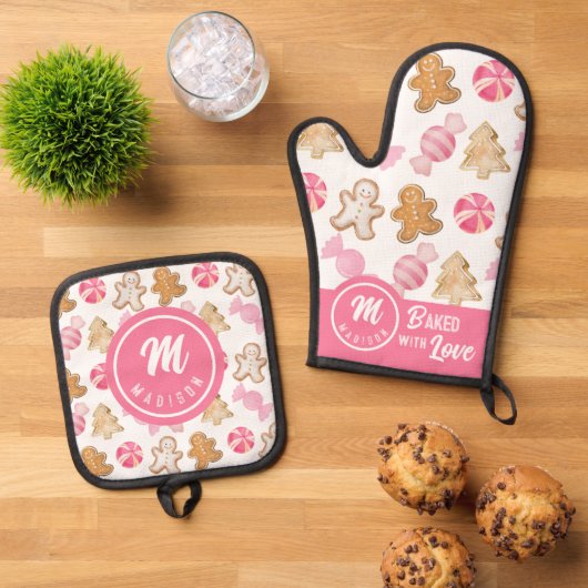 Moederdag Monogram-Roze Sugarplum & Gingerbread Ovenwant & Pannenlap Set (Top down)