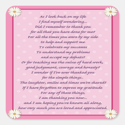 Moederdag Poem Vierkante Sticker (Voorkant)