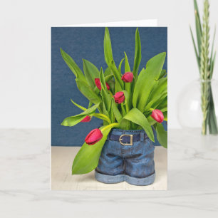 Moederdag-rode tulpen in blauwe jean pot kaart