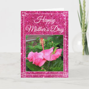 Moederdag Roze Glitter Hibiscus Bloem Foto Kaart