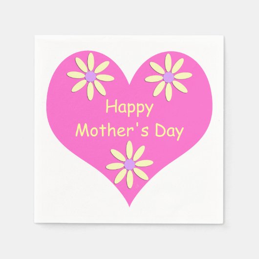Moederdag Roze Hart en Gele Bloemen Servetten (Voorkant)