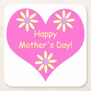 Moederdag roze hart en gele bloemen vierkante kartonnen onderzetter