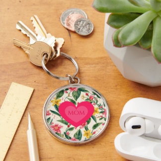 Moederdag, Roze Liefdeshart en Bloemen Patroon Sleutelhanger