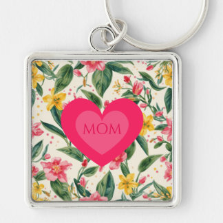 Moederdag, Roze Liefdeshart en Bloemen Patroon Sleutelhanger