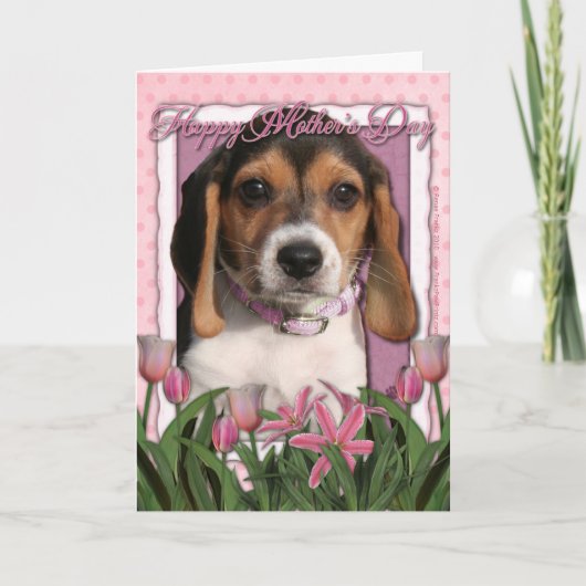 Moederdag - Roze Tulpen - Beagle Puppy Kaart (Voorkant)