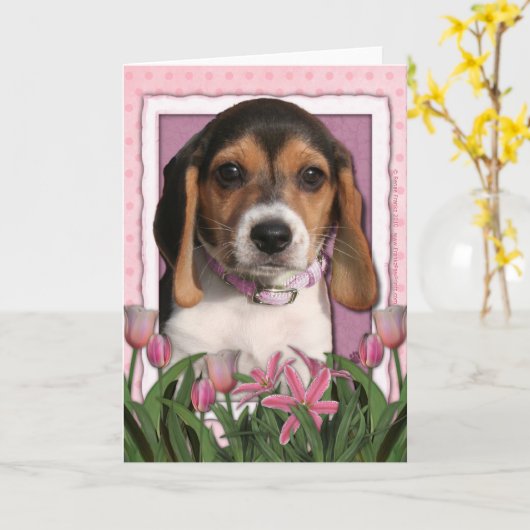Moederdag - Roze Tulpen - Beagle Puppy Kaart (Gele Bloem)