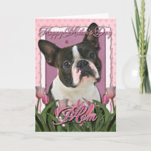 Moederdag - Roze Tulpen - Boston Terrier Kaart (Voorkant)